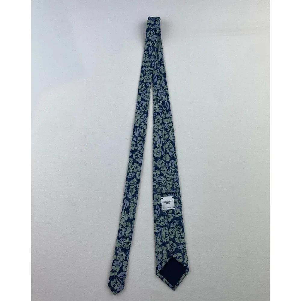 JOHN HENRIC Tie 100% Silk Floral Woven Jacquard Necktie Blue Italy